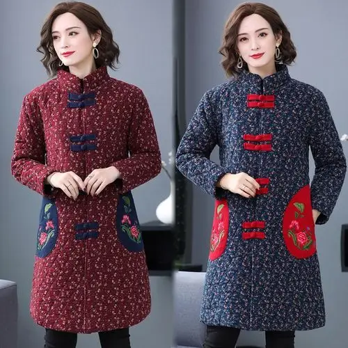 一折中老年棉麻棉衣_冬季大码民族风碎花棉衣中老年女中式唐装立领中