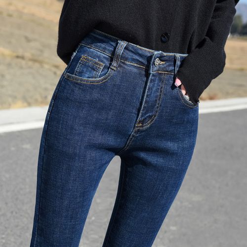 深蓝色牛仔裤女高腰2022年新款秋冬加绒弹力显瘦小脚紧身长裤九分 -