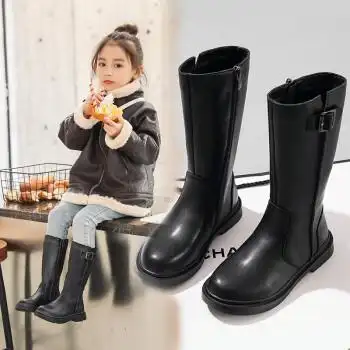 儿童长靴子女孩冬季女童长筒靴靴子真的皮高筒靴小学生秋冬中大童马丁