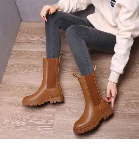 中跟加绒保暖中筒靴女士圆头深口冬天韩版学生时尚休闲中桶靴女装高腰