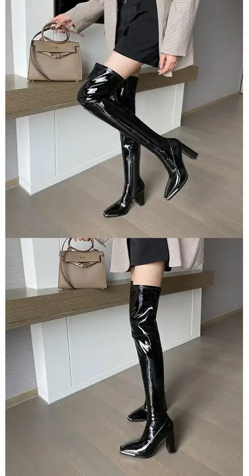 漆皮过膝长靴女长筒靴黑色秋冬季高跟靴真皮超长大腿靴子高筒靴 哑光