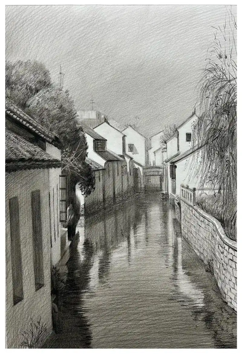 诗画江南 #如果当时 #素描风景 #江南水乡美如画 #绘画过 - 抖音