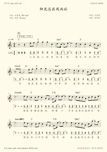《阳光总在风雨后》,许美静(五线谱 电子琴谱)-弹琴吧(原蛐蛐钢琴网)