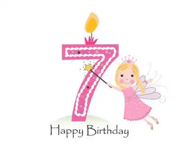 快乐的七岁生日蜡烛.宝贝女孩贺卡与童话矢量背景照片