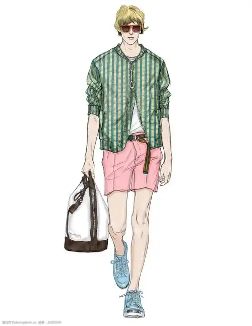 关键词:时尚绿色条纹衬衫男装效果图 粉色短裤 服装设计 蓝色衬衫