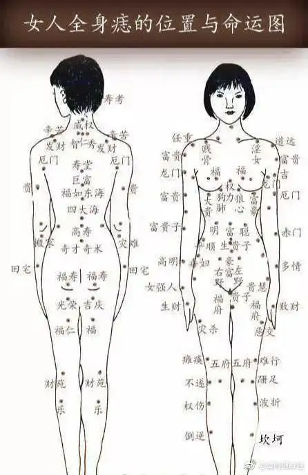 麻衣神婆:女人全身痣相图解,麻衣痣相秘传口决!