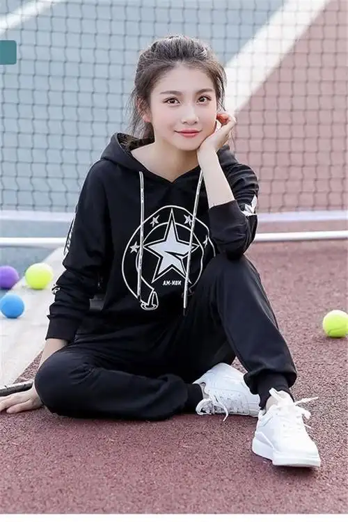 新款女学生春秋季运动套装少女韩版宽松初中生薄款卫衣两件套女