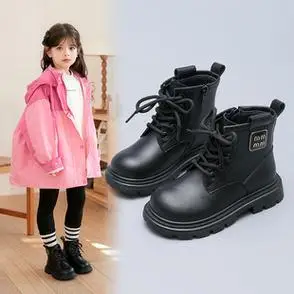 新款儿童短靴子女孩英伦风加绒保暖皮单靴潮女童马丁靴2023秋冬季