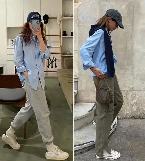 近年来流行的束脚运动裤,中性风的休闲工装裤,搭配"男友风的"水蓝色