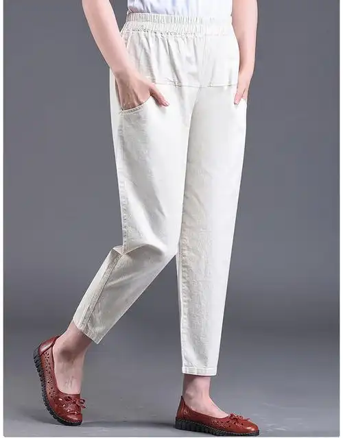 妈妈夏季薄款棉麻九分裤松紧高腰中老年哈伦裤宽松外穿洋气亚麻裤新款