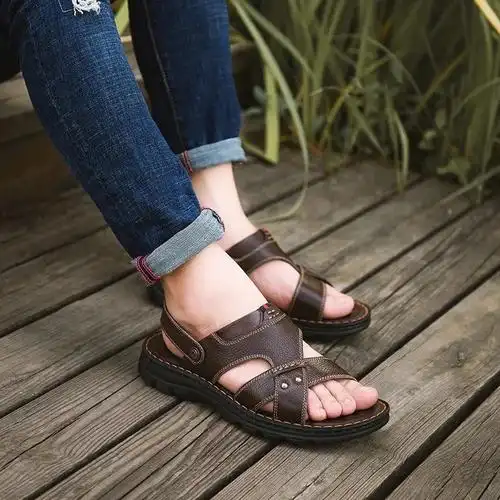 凉鞋男士夏季头层牛皮两用凉拖鞋透气男鞋厚底软底皮凉鞋休闲沙滩鞋