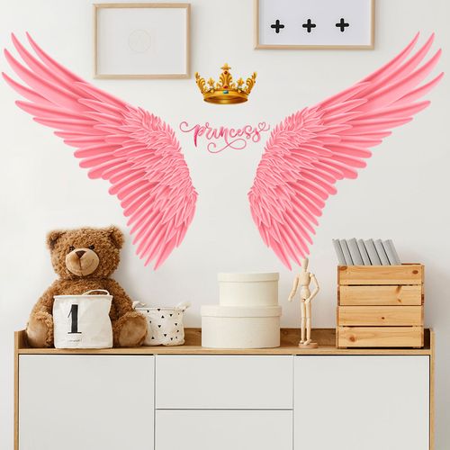新款粉色翅膀王冠墙贴皇冠女孩卧室儿童房背景装饰墙贴画