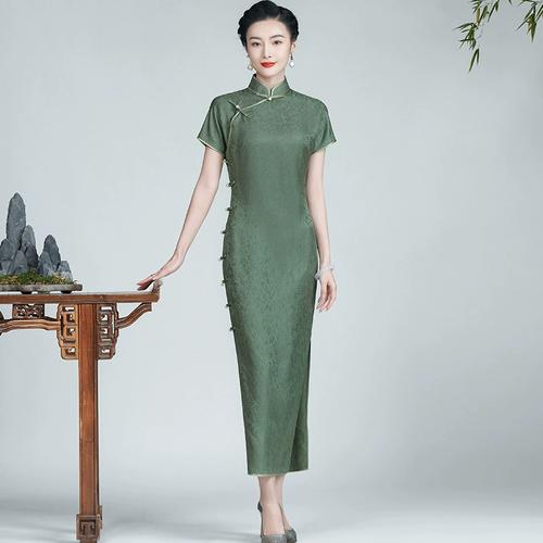 钱塘佳人黛绿古法平裁提花真丝旗袍桑蚕丝气质年轻款日常改良长款