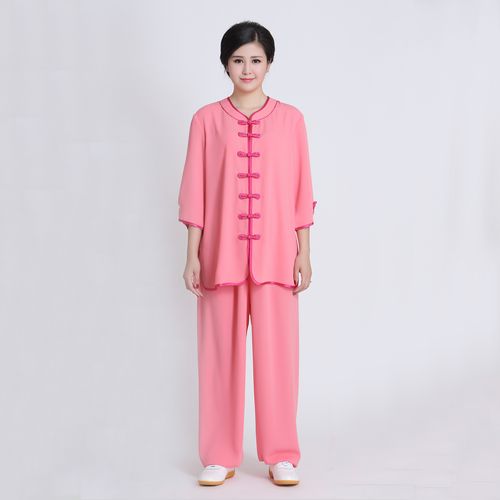 高档夏季棉加丝半袖练功服表演服女款七分短袖太极服白色蓝夕阳红