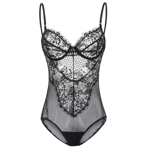 法式超薄款睫毛网格连体衣女性感蕾丝写真内衣透视睡衣有钢圈上托