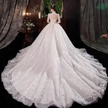 南糖三色高端重工主婚纱2021新款新娘法式宫廷风拖尾大码孕妇高腰长袖