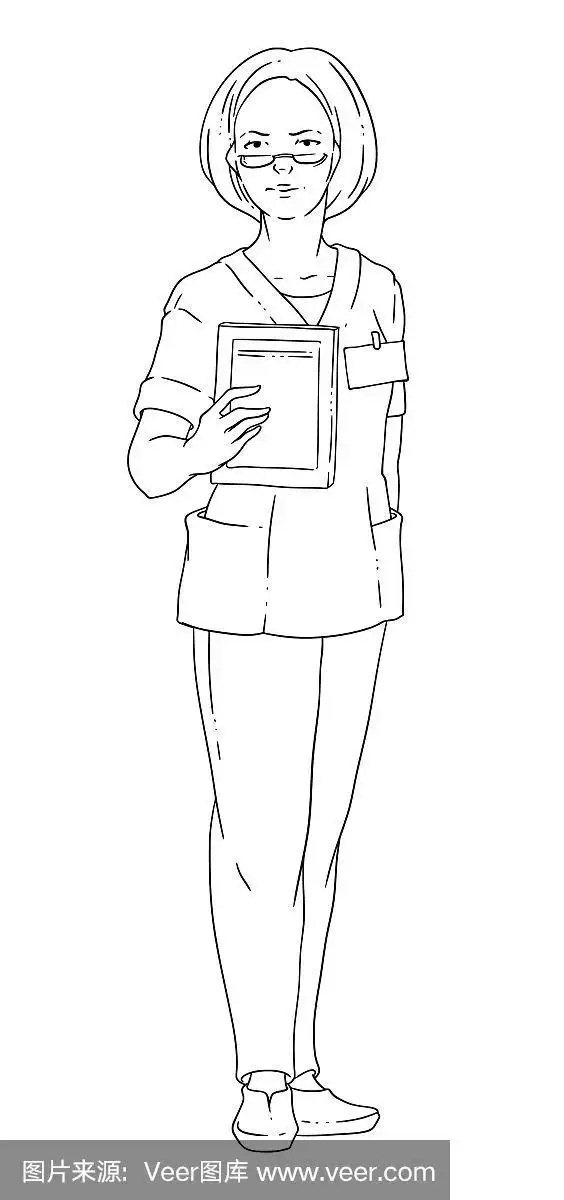 矢量插图的女医生戴眼镜,并持有一个文件夹.医学的衣服.