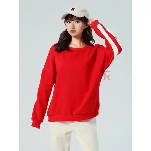 圆领卫衣女2019秋冬新款外套韩版宽松套头上衣春秋加绒外套 红色 s