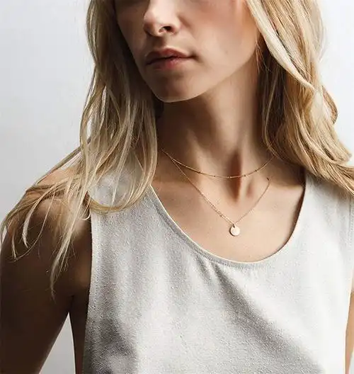 欧美时尚简约不锈钢珠链项圈 女双层镀金白板硬币吊坠项链 锁骨链