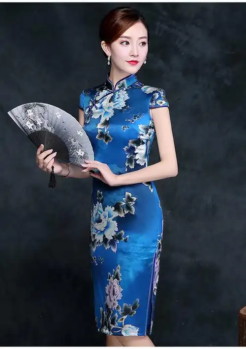 msf-98013新款蓝色印花真丝旗袍