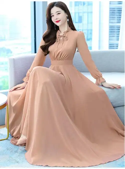 连衣裙春秋雪纺长袖连衣裙女气质修身显瘦大摆长裙女湖蓝色m7593斤