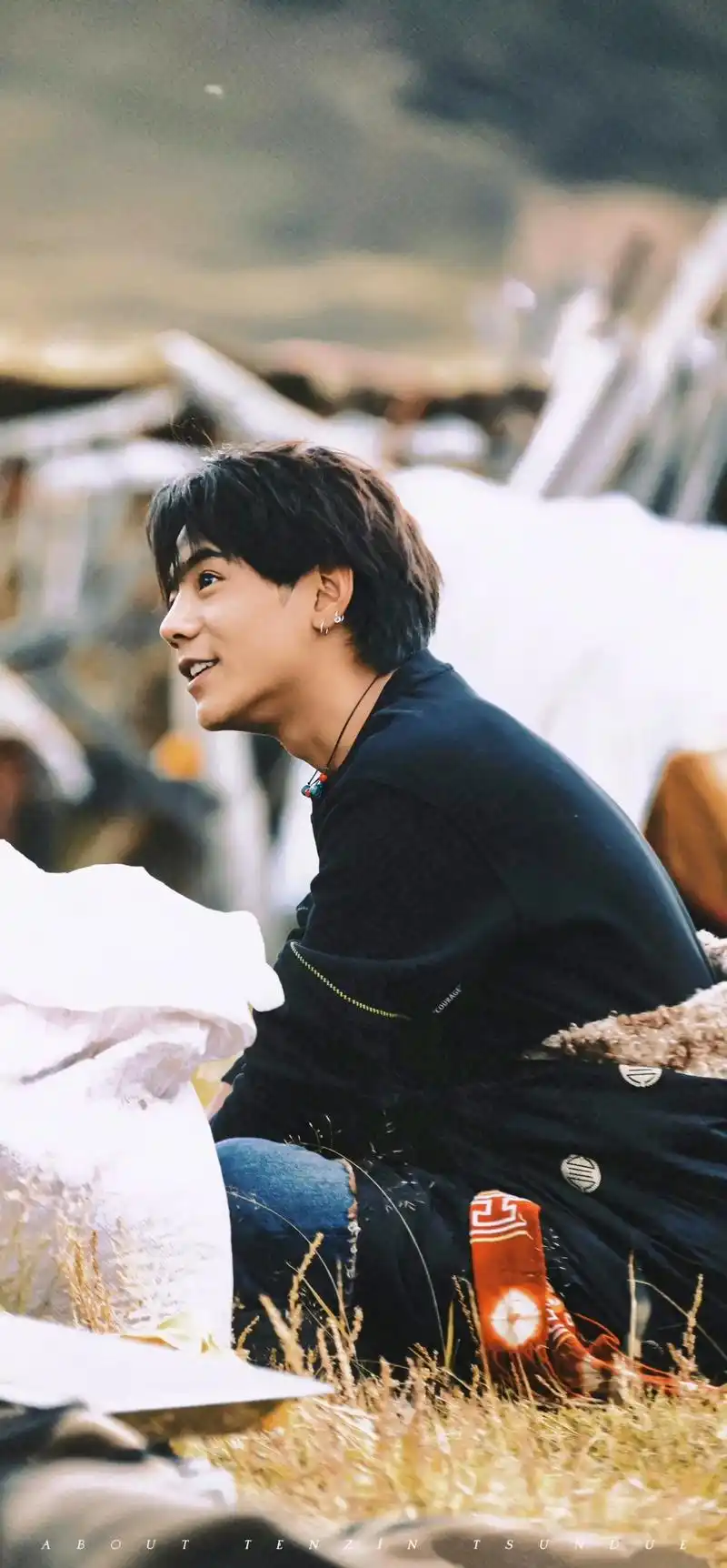 丁真和家人在一起,在村里的白塔寺庙旁祈祷……这种温暖温柔的感觉,是