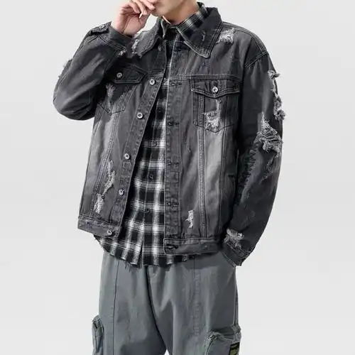 牛仔外套男士日系韩版原宿bf风烟灰色牛仔衣春秋国潮牌嘻哈破洞潮