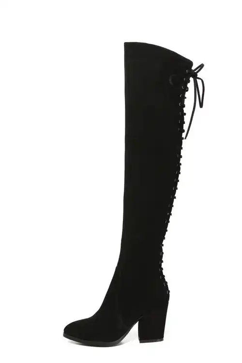 2015秋冬新款粗跟真皮绑带过膝长靴子欧美潮女鞋批发微信货源代理