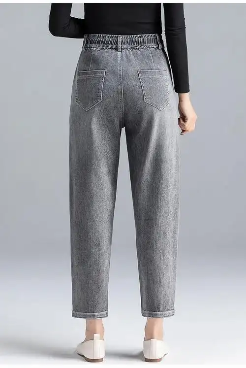 女装新款烟灰色高腰牛仔裤女显瘦显高九分哈伦女裤春秋2021新款大码