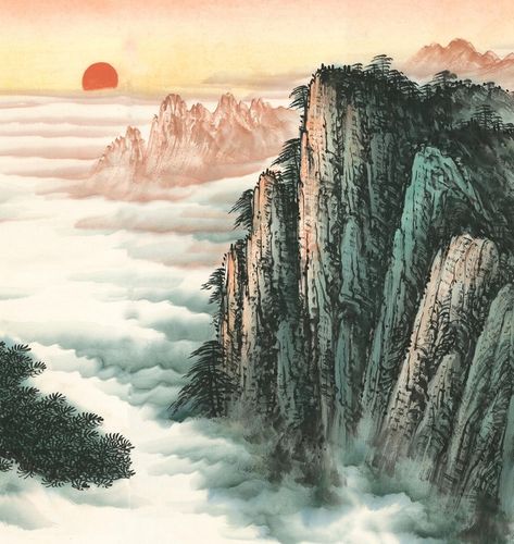 迎客松旭日东升山水画国画大堂客厅巨幅挂画微喷复制国画