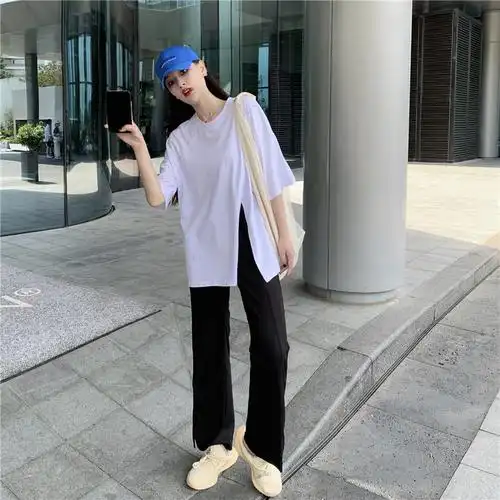 实拍实价~白色圆领纯棉开叉中长款短袖t恤 开叉拖地阔腿休闲裤