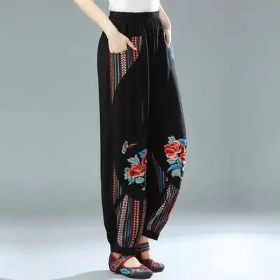 复古民族风女裤春秋中老年棉麻灯笼裤女宽松大码妈妈高腰阔腿长裤