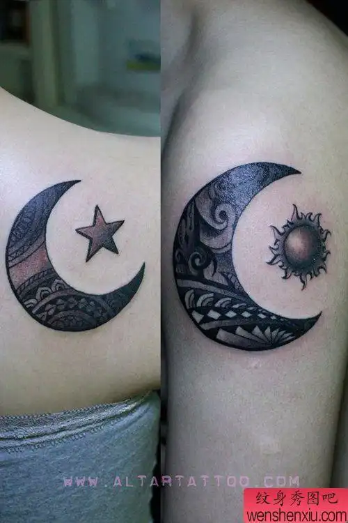 手臂流行唯美的情侣月亮纹身图案