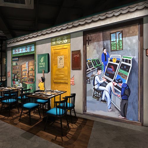 怀旧壁画烧烤路边马路边餐厅80年代饭店小卖部复古定制壁画