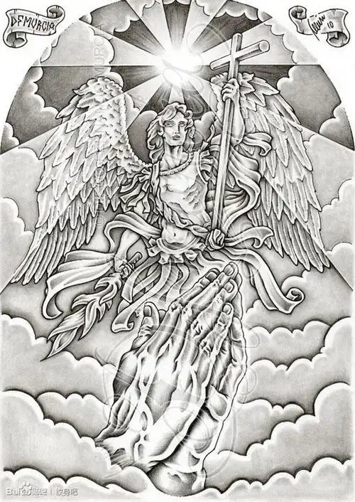 潮流经典的一款黑灰天使纹身手稿