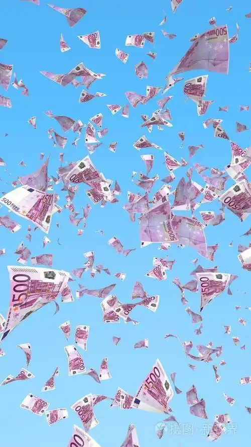 天空背景下飞扬的欧元钞票钱在天上飞500欧元的颜色三维插图