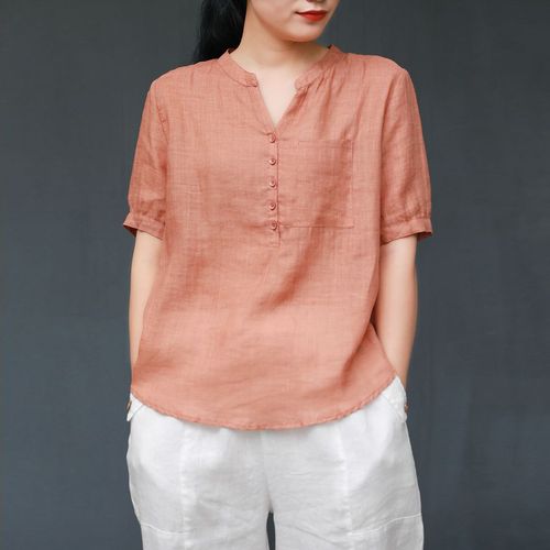 棉麻衬衫女夏薄款宽松大码文艺气质短袖衬衣套头纯色v领亚麻上衣