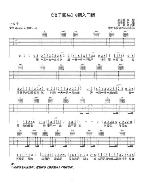 茄子蛋浪子回头吉他谱g调吉他弹唱谱女生版