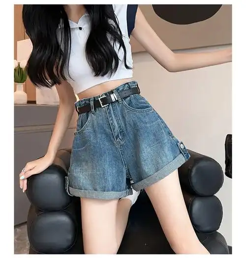 夏季新款高腰牛仔短裤清爽透气显高显瘦设计感小众卷边宽松热裤女