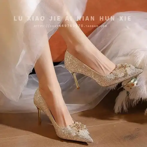 新娘鞋2024年新款女秀禾主婚纱珍珠水晶法式日常配裙子高跟鞋婚鞋