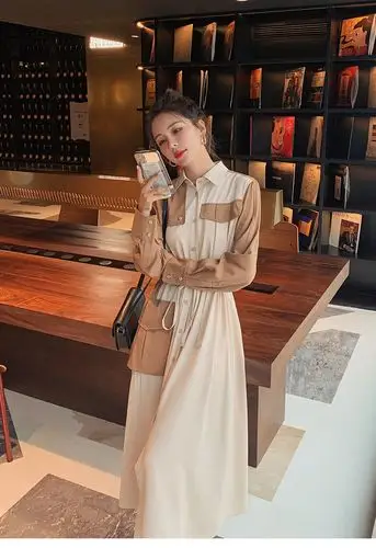 女装连衣裙春款女装2021年新款韩版高级感百搭显瘦拼色法式复古裙子潮