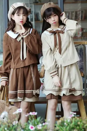秋装甜美日系可爱双色闺蜜服学院风娃娃领长袖上衣半裙时尚套装女jk