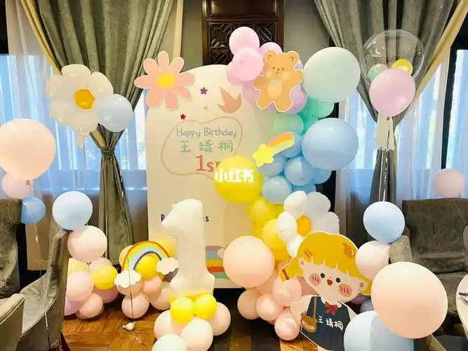 小预算马卡龙小女孩周岁宴气球生日布置