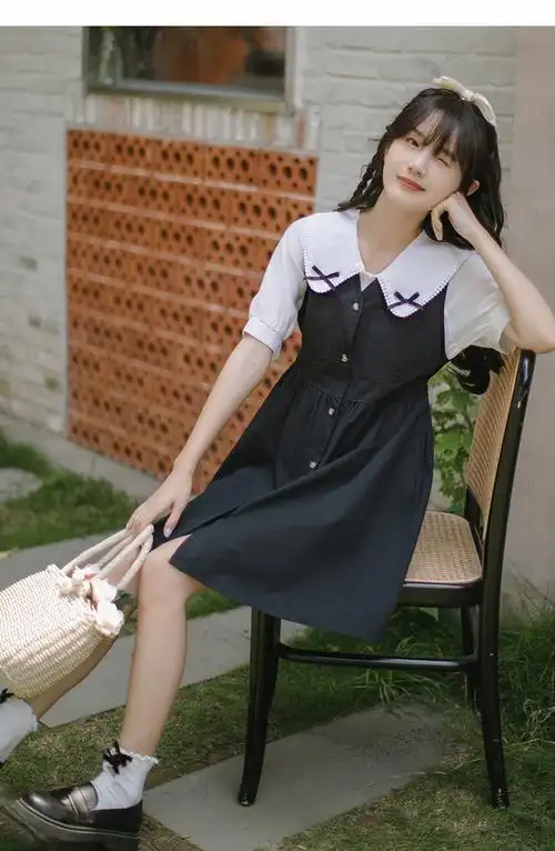 雅西佩青少年大学生装小清新文艺少女背带裙13大童12到15初中学生夏装