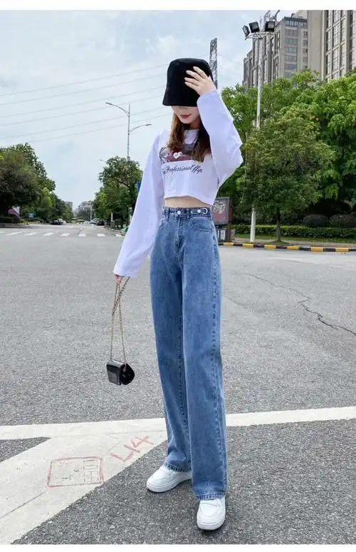 阔腿裤初中学生胖妹夏天穿的裤子阔腿牛仔裤女2022年新款高腰直筒裤