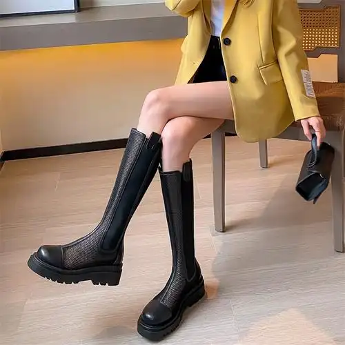 真皮胖mm白色长筒靴女2022年新款小个子不过膝靴夏季凉靴镂空单靴