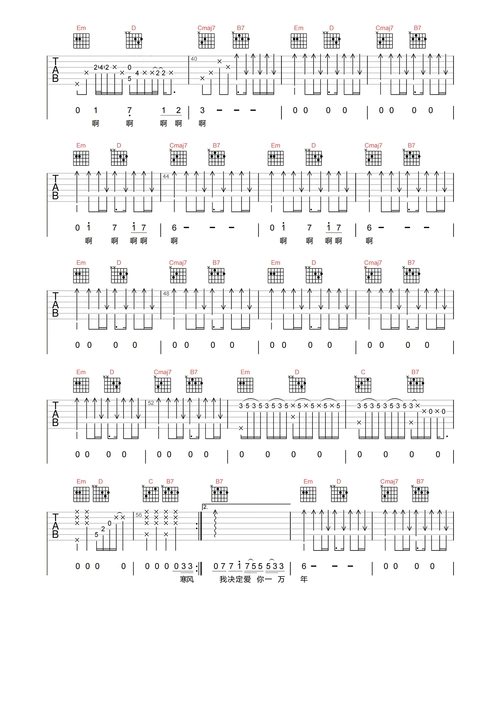 爱你一万年吉他谱-伍佰-g调原版编配-吉他弹唱六线谱