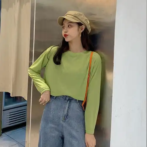 实拍实价-控价-23 简约修身显瘦纯色百搭弹力圆领短款长袖t恤