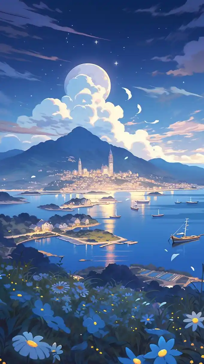 美丽的港湾夜景#ai绘画# #二次元# #场景