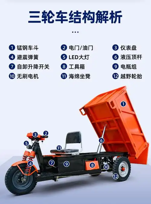 电动工程三轮车液压自卸大骑兵载重王建筑工地农用柴油拉货翻斗车 u斗